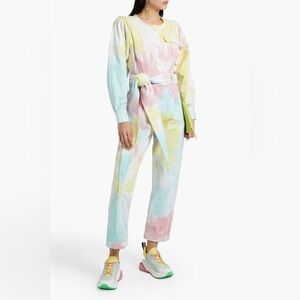 Loveshackfancy Paca Tie-dyed Belted Denim Jumpsuit In Multicolor